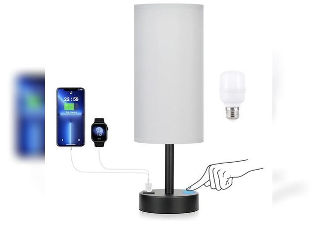 Lot 96-232757 - Grey Touch Nightstand Lamps for Girl - Small Bedside Lamp with USB-C and USB Charging Ports, 3 Way D...