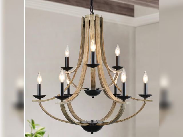Lot 96-180475 - LAMPKEDUO Farmhouse Chandeliers Light Fixture 9-Light 31" Faux Wood Texture Rustic for Dining Room, ...