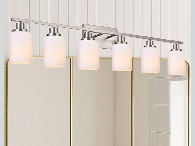 Lot 96-187109 - 6-Light Bathroom Vanity Light Brushed Nickel Bathroom Lighting Fixtures Over Mirror with Opal White ...