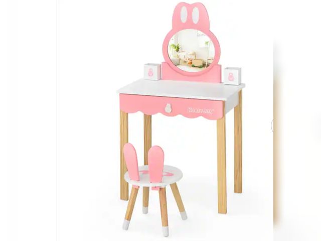 Lot 96-192170 - Kids Vanity Set Rabbit White Armoire Makeup Dressing Table Chair Set 40.5 in. x 23.5 in. x 13.5 in. ...