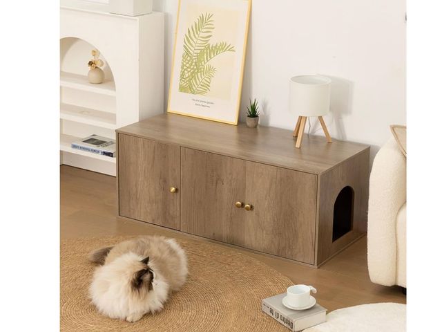 Lot 96-164976 - Wooden Cat Litter Box Enclosure with Storage Compartment with Adjustable Divider, Hidden Litter Box ...