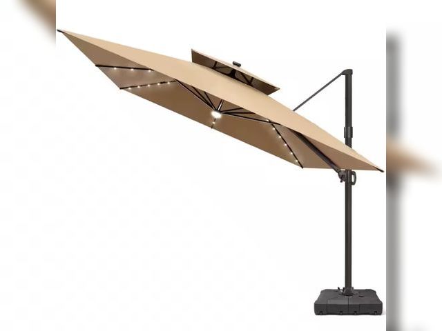 Lot 96-171889 - Pellebant Solar LED 2-Tier 11 ft. Square Heavy Duty 360° Rotation Cantilever Patio Umbrella in Tan w...