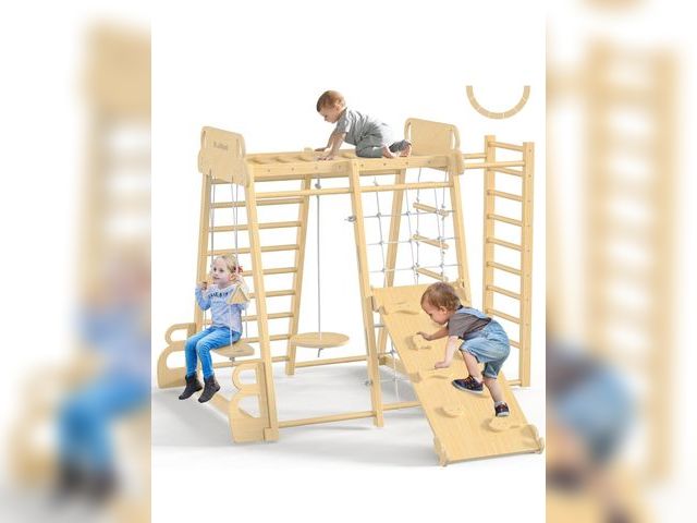 Lot 96-179272 - Upgraded Indoor Jungle Gym 9-in-1 Playground Kids Climbing Toys, Montessori Philosophy Waldorf Style...