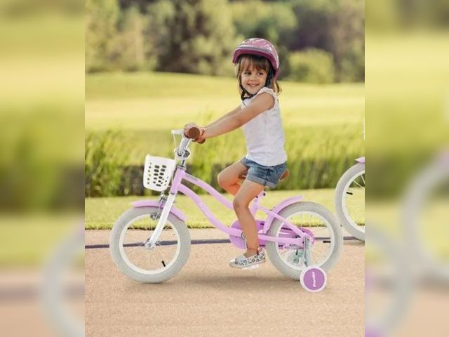 Lot 96-192482 - Costway 14'' Kid's Bike with Removable Training Wheels &amp; Basket for 3-5 Years Old Purple
used un...