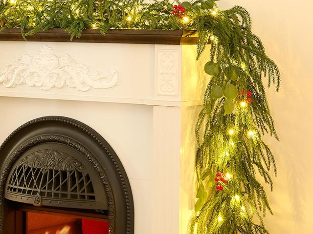 Lot 96-194670 - 9FT Christmas Garland with Lights, Battery Operated Garland with Red Berries and Eucalyptus Leaves, ...