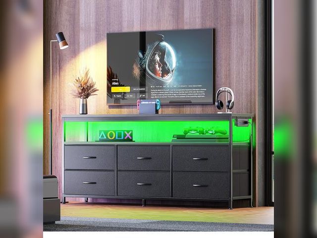 Lot 96-177185 - Huuger LED TV Stand for Bedroom, 55 Inch Fabric Dresser with Power Outlets, Entertainment Center for...