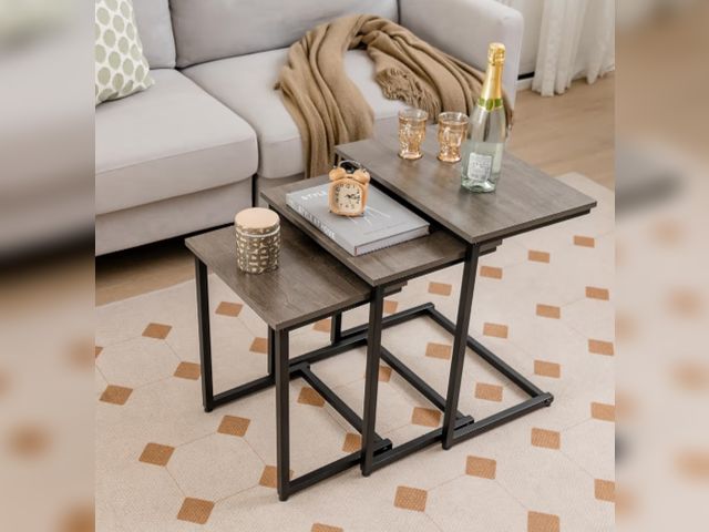 Lot 96-227575 - Tangkula Nesting Table Set of 3, Rectangle Stacking Side End Table w/Wood Top &amp; Metal Legs, Adju...