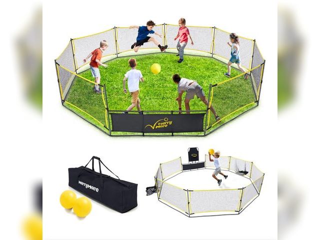 Lot 96-176783 - Gaga Ball Pit Portable: 15FT 3in1 Gaga Pit with Basketball Hoop and Soccer Goals - Play System for K...