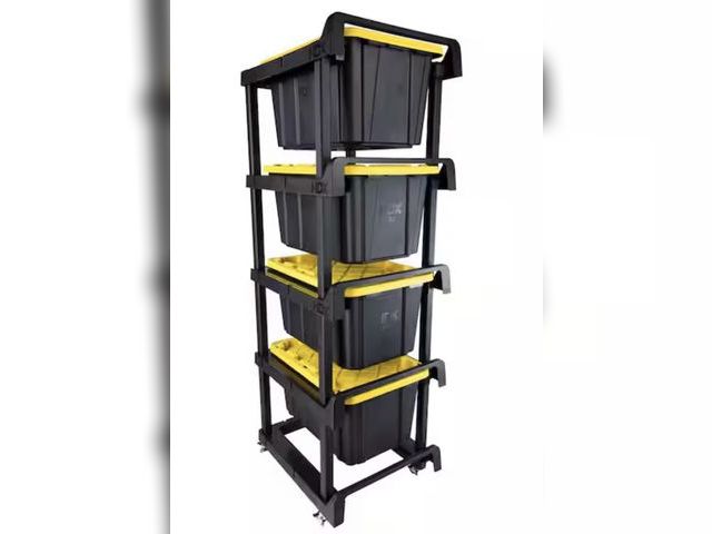 Lot 96-232385 - HDX 4 Tier Plastic Shelving Tote Stacker with Casters in Black (24.8 in. W x 78.1 in. H x 29.6 in. D...