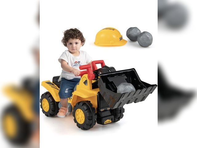 Lot 96-197988 - Costzon Ride on Excavator, Ride on Construction Vehicles w/Helmet, 3 Toy Stones, Realistic Sound, Ad...