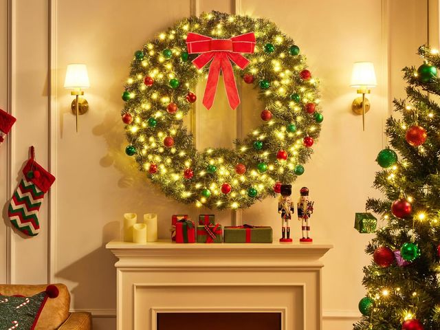 Lot 96-178242 - 48in Large Artificial Christmas Wreath, Pre-lit Holiday Accent Decoration with Red Bow, may vary sli...