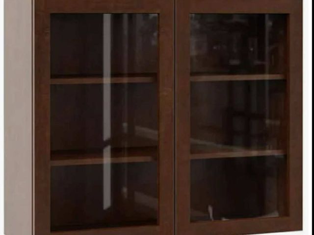 Lot 96-181805 - Mocha Shaker Wall Cabinet Missing Glass Panels and Shelves, 36 in across, 13 in depth, 31 in height....