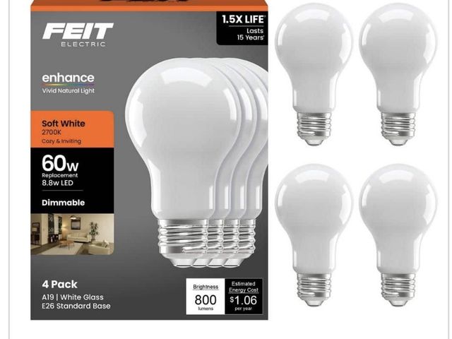 Lot 96-222346 - Feit Electric 60-Watt Equivalent A19 Dimmable Frosted Glass Filament LED Light
Bulb Soft White (4-Pa...