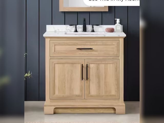 Lot 96-172087 - Home Decorators Collection
Doveton 36 in. Single Sink Freestanding Weathered Tan Bath Vanity with Wh...