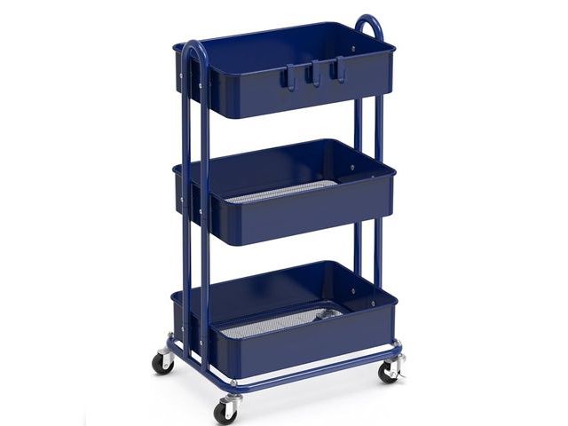 Lot 96-170446 - JIUYOTREE 3-Tier Plastic Rolling Storage Cart Utility Cart with Extra Hanging Cups Handles Lockable ...