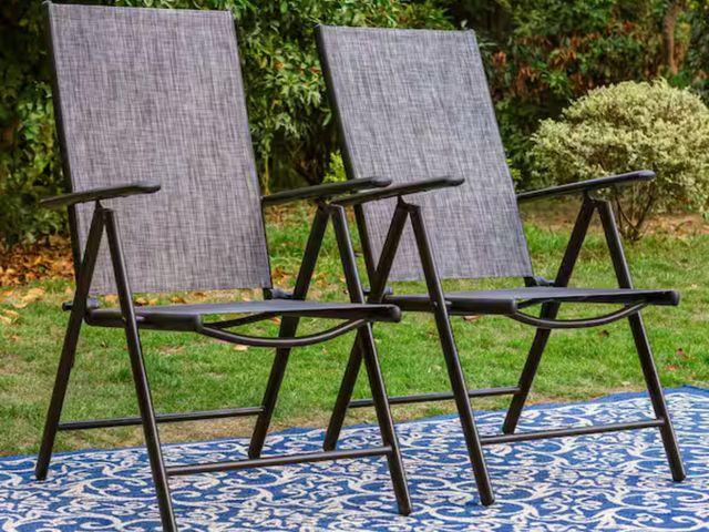Lot 96-163553 - Grey Metal Outdoor Patio Dining Chairs Folding Reclining Sling Chairs 7 Levels Adjustable (2-Pack)

...