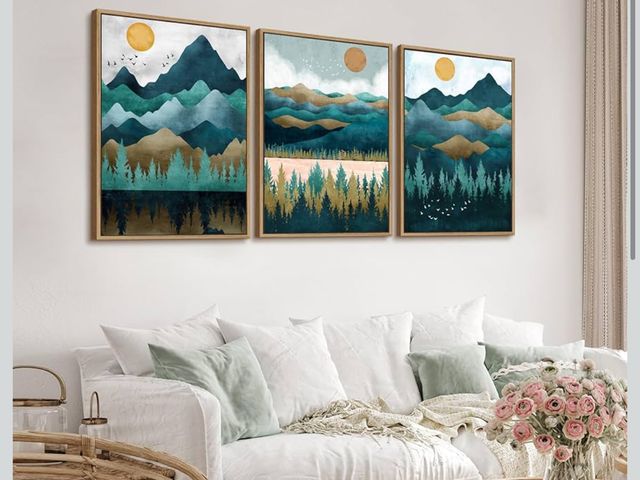 Lot 96-182832 - Large Mountain Canvas Wall Art - Natural Float Framed Green Forest Wall Decor Modern Watercolor Pine...