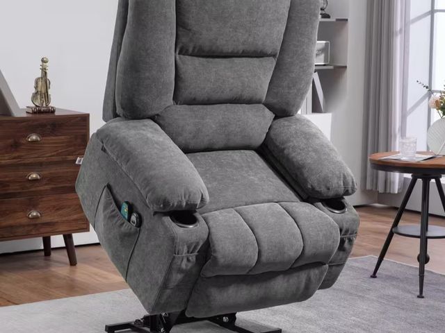 Lot 96-191641 - HOMCOM Charcoal Gray Chenille Power Lift Recliner with Vibration Massage and Heat MSRP $513.06 Appea...