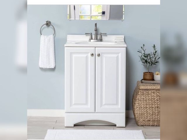 Lot 96-193950 - Glacier Bay 25 in. Single Sink White Bath Vanity with Cultured Marble Top (Assembled) MSRP $159 New