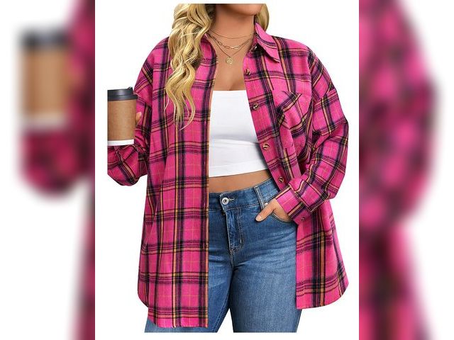 Lot 96-166530 - Fantaslook Plus Size Flannel Plaid Shirts for Women Long Sleeve Button Down Shirts Casual Loose Blou...