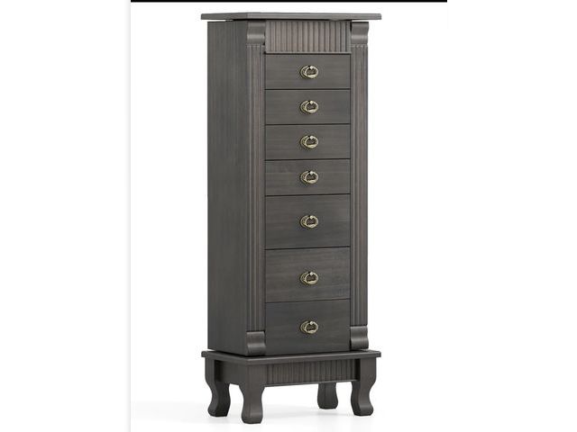 Lot 96-211543 - Wooden Jewelry Armoire Cabinet Storage Chest with Drawers and Swing Doors, Gray MSRP $149.99 New