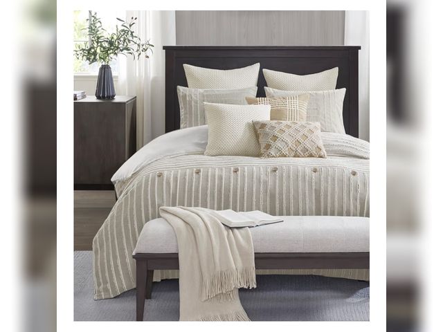 Lot 96-190100 - Madison Park King Comforter Set Clipped Jacquard Stripes with Buttons Boho Comforter for a King-Size...