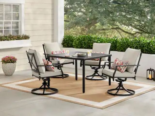 Lot 96-232561 - Hampton Bay Cookson Black 5-Piece Metal Outdoor Dining Set with Cushion Guard Putty Beige Cushion Ne...