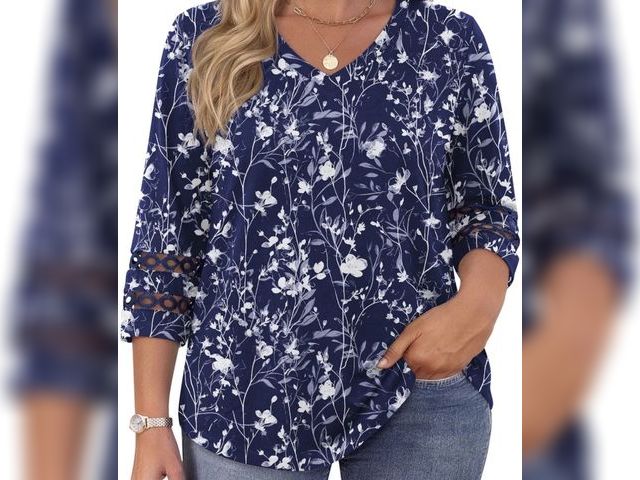 Lot 96-233085 - WellSize 3/4 Sleeve Womens Plus Size Tops Trendy V Neck Tunic Floral Blouses Curved Hem Casual Shirt...