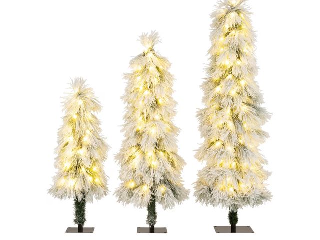 Lot 96-192358 - GOFLAME Set of 3 Pre-lit Christmas Tree, Snow Flocked Artificial Xmas Trees 3Ft, 4Ft and 5Ft with Wa...