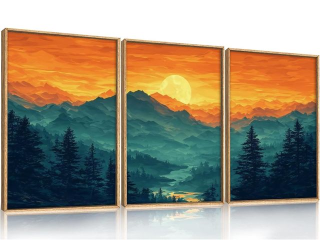 Lot 96-187965 - HOURIA Large Sunrise Mountain Forest Landscape Framed Canvas Wall Art Set,Orange Sky Green Ridge Wal...