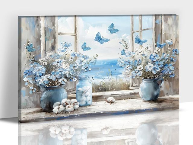 Lot 96-163981 - Vintage Bathroom Wall Art, Blue Flower Bouquet Canvas Print for Farmhouse Wall Decor, Sea View From ...