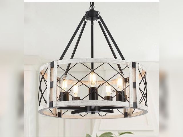 Lot 96-185277 - Rustic Farmhouse Chandelier, 19.8 inch 5-Light White Round Dining Room Lighting Fixtures Hanging Pen...