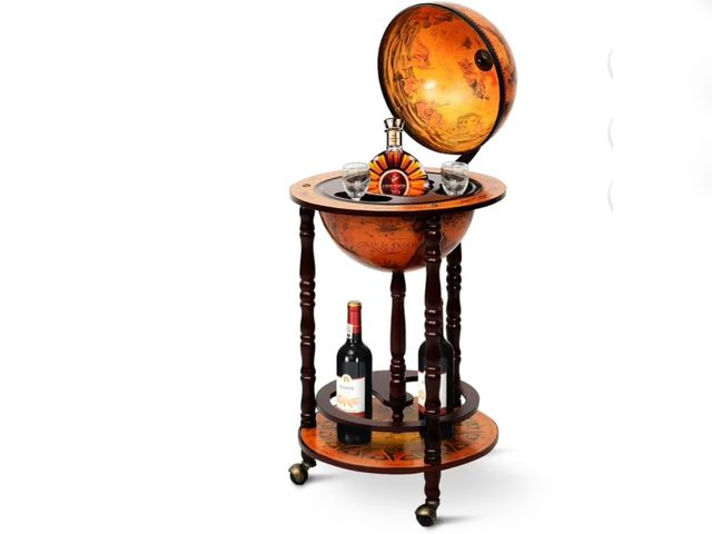 Lot 96-197431 - Costway 17.5'' Wood Globe Wine Bar Stand 16th Century Italian Rack Liquor Bottle Shelf Unused, crack...