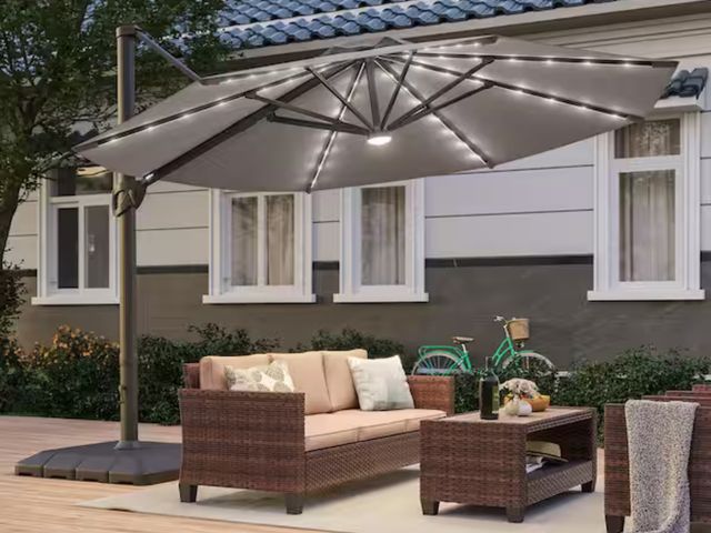 Lot 96-166444 - Sonkuki
11 ft. Solar LED Outdoor Round Aluminum Cantilever Umbrellas with Base Stand in Gray

New

M...