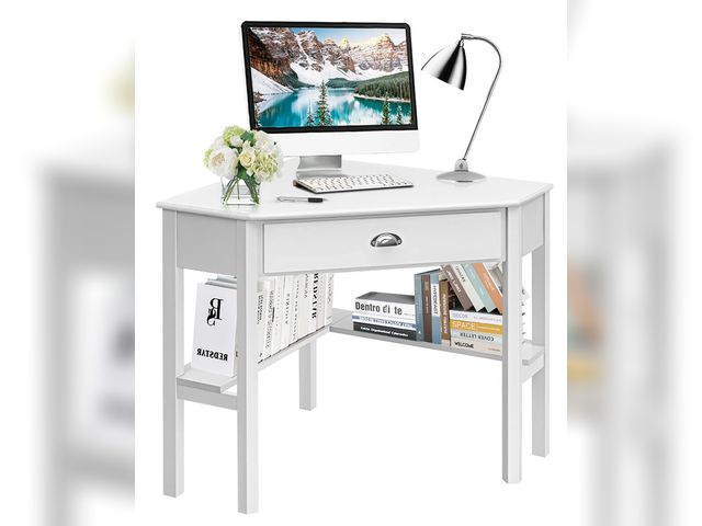 Lot 96-192242 - Costway Triangle Computer Desk Corner Office Desk Laptop Table w/Drawer Shelves Rustic White
New 
Ms...