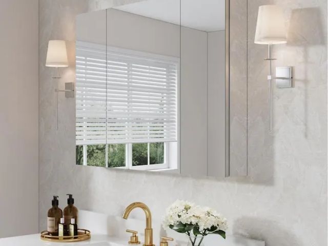 Lot 96-162155 - WELLFOR
ROSA 48 in. W x 30 in. H Rectangular Aluminum Tri-View Medicine Cabinet with Mirror, Blum Hi...