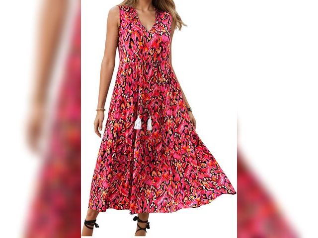 Lot 96-173505 - Women Bohemian Floral Print V Neck Sleeveless Sundress Summer Colorful Tie V Neck Flowy A-Line Tiere...