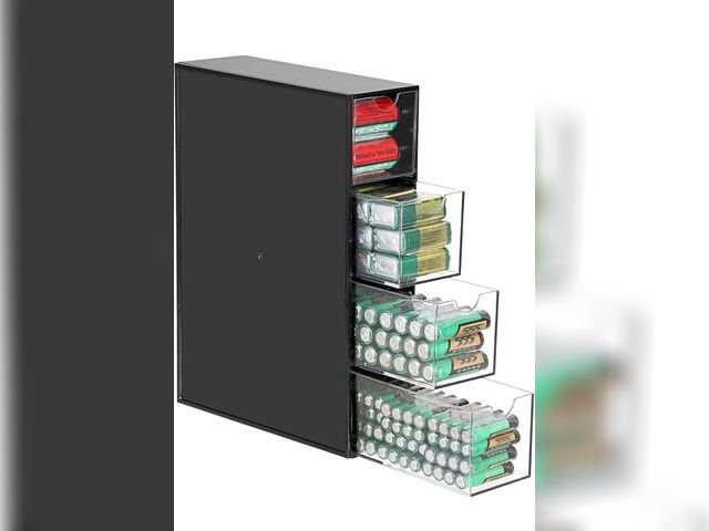 Lot 96-191530 - BTSKY 1 Pack Black Acrylic Battery Storage Organizer for AA, AAA, 9V, C Batteries, 4-Drawer Storage ...