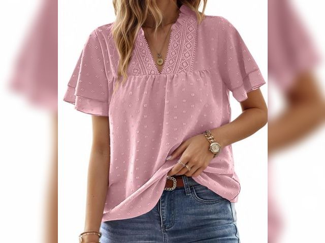 Lot 96-233113 - UVN V Neck Shirts for women Summer Lace Butterfly Sleeve Blouses Ladies Casual Flowy Crochet Tops Ne...