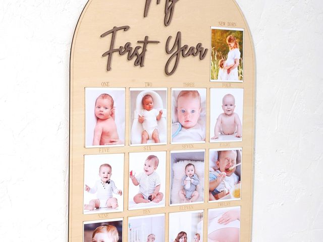 Lot 96-179051 - One Year Wood Photo Board - My First Year Month Milestone Board, Girl/Boy 1st Birthday Decorations, ...
