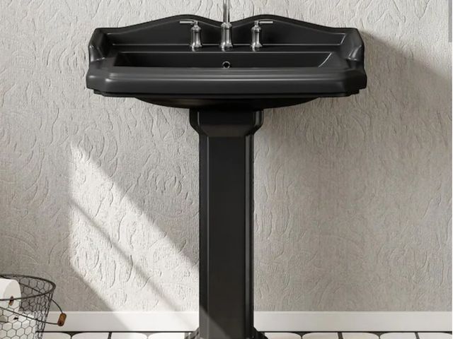 Lot 96-189052 - Hanikes
23 in. W x 19 in. D Black Vitreous China Rectangular Pedestal Bathroom Sink With 4 in. Cente...