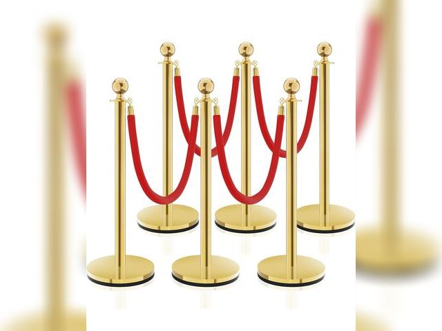 Lot 96-188905 - 6PCS Stanchion Post, Crowd Control Barriers, 5 ft Red Velvet Rope Red Carpet Ropes and Poles, Stainl...