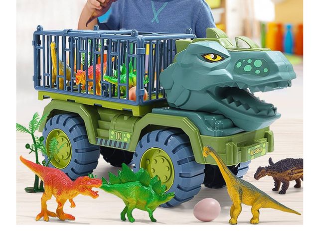 Lot 96-165926 - Dinosaur Transport Truck - Large Tyrannosaurus Triceratops Transporter with Dino Figures, Excavators...