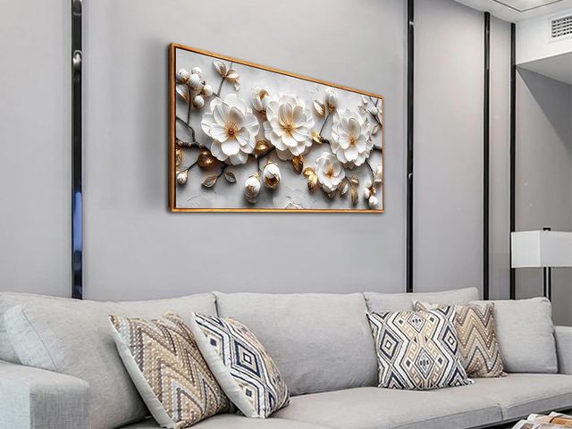Lot 96-164252 - Ouzzlie Floral Wall Decorations White Pictures Modern Framed Poster Wall Art Gold Wall Decor Big Art...
