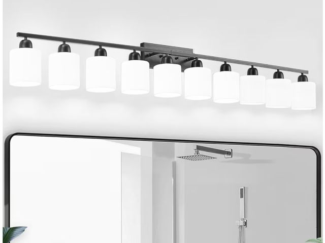 Lot 96-187209 - 10 Light Black Vanity Lights for Giant Mirror, Bathroom Vanity Lights Over Mirror with Milky White F...