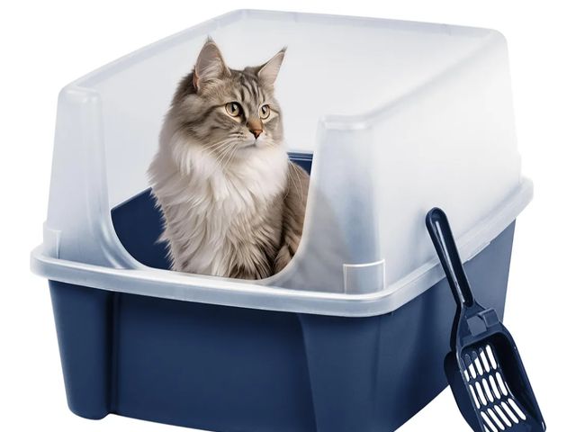 Lot 96-174348 - Cat Litter Box with Scatter Shield and Scoop, Open Top Cat Litter Pan, Navy Lightly used untested