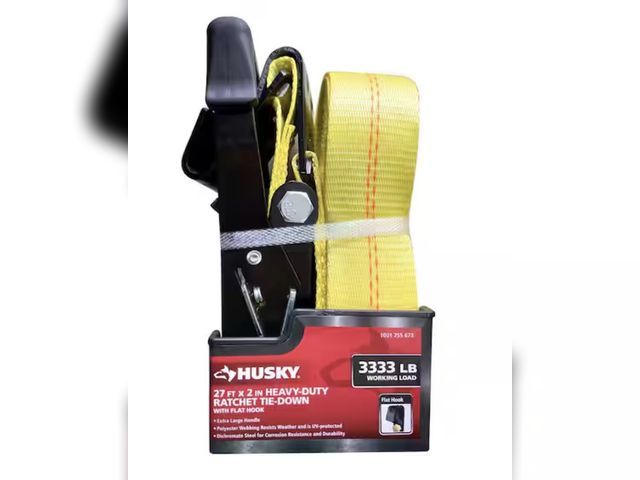 Lot 96-221840 - Husky 2 in. x 27 ft. Heavy-Duty Ratchet Tie-Down Strap with Flat Hooks New