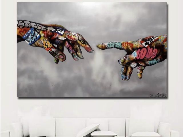 Lot 96-180733 - Faicai Art Classic Street Art Banksy Graffiti Paintings Canvas Wall Art Adam Hand of God Pop Art Pri...