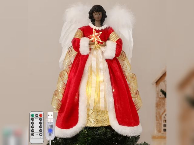 Lot 96-191202 - Lewondr Black Angel Christmas Tree Topper, 12" African American Lighted Angel Tree Topper with 8 Mod...