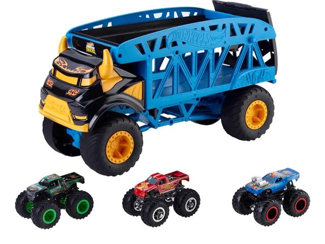 Lot 96-173402 - Hot-wheels Monster Truck + 3 Vehicle Bundle 
Holds 12 1/64 scale monster trucks, with ramp launch
Ne...